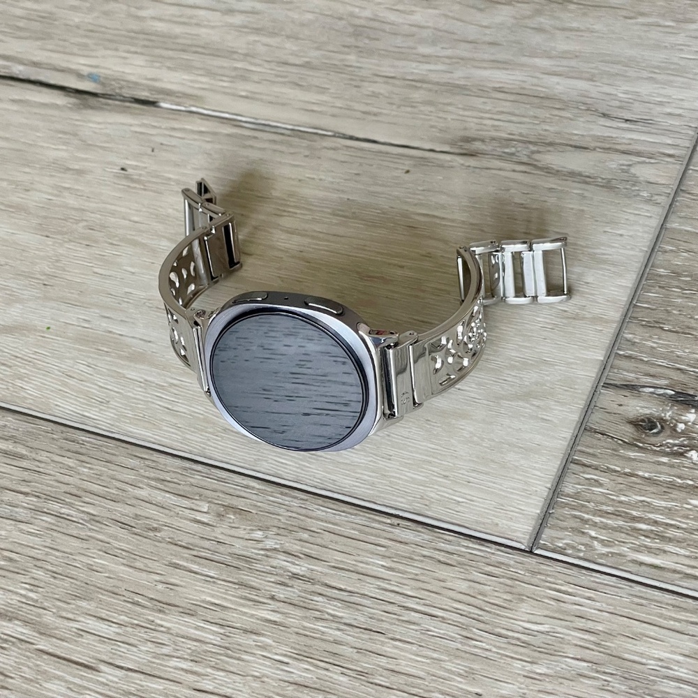 Silver Floral Stainless Steel Smartwatch Band - Fits Round Smartwatches - Picture 7 of 9